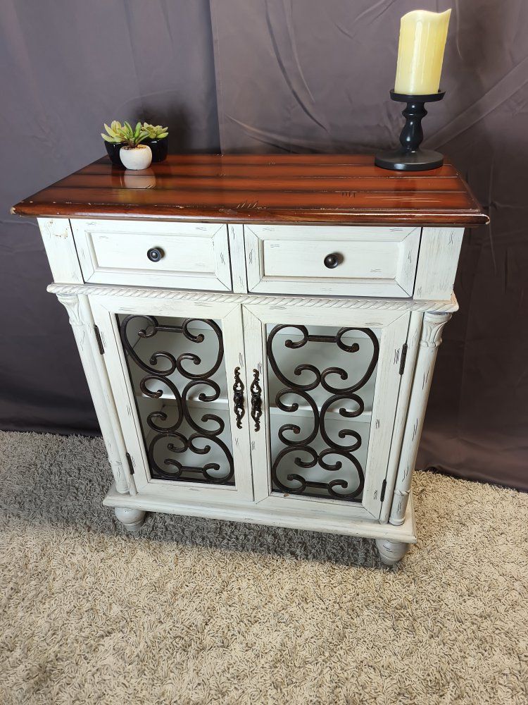 Shabby Chic White & Brown Wood Cabinet with Wrought Iron Doors & Drawers