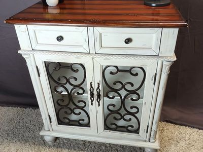 Shabby Chic White & Brown Wood Cabinet with Wrought Iron Doors & Drawers