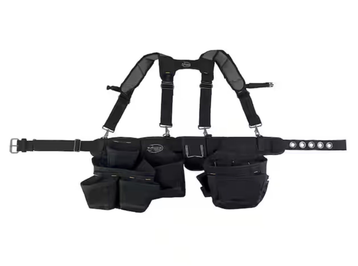 Ballistic Framers Work Tool Belt Tool Storage Suspension Rig with LoadBear Suspenders and 3 tool Pouches in Black