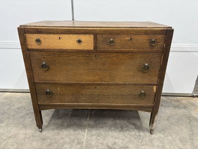 Vintage Wooden Dresser Chest of Drawers with Brass Pulls - Needs Refinishing