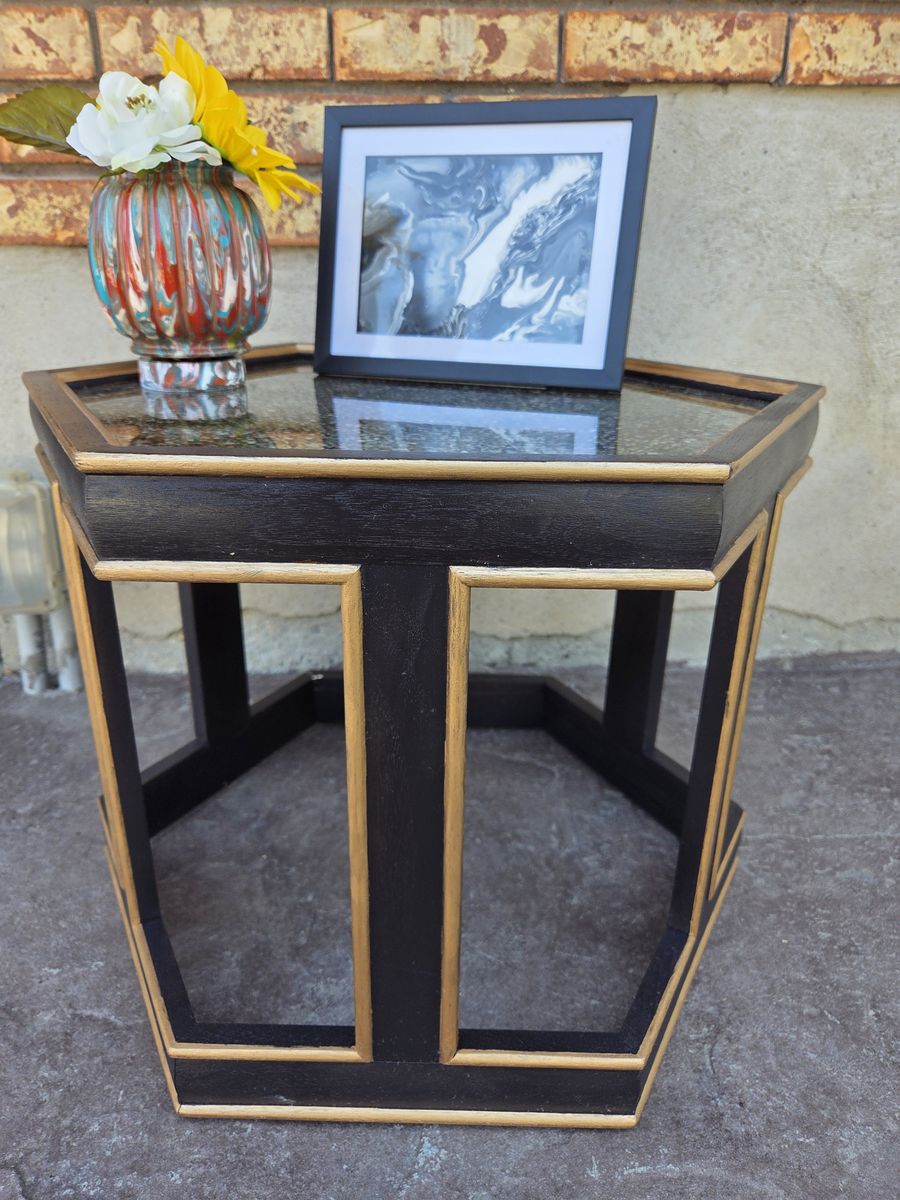 Hand-Refinished Geometric Accent Table | Dark Walnut & Gold | Modern End Table