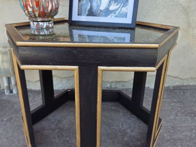 Hand-Refinished Geometric Accent Table | Dark Walnut & Gold | Modern End Table