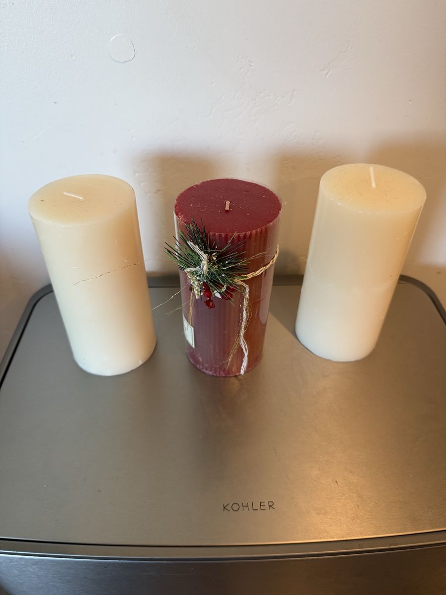 Set of 3 Decorative Pillar Candles - Cream White & Holiday Red Berry Accent