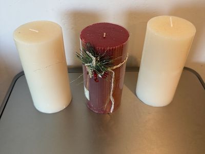 Set of 3 Decorative Pillar Candles - Cream White & Holiday Red Berry Accent
