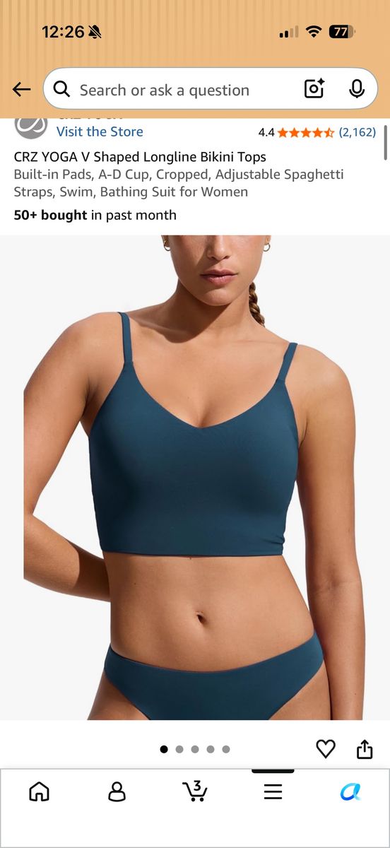 Women's Bikini Top & High Waisted V Cut Bottom, Teal Blue, Size Small