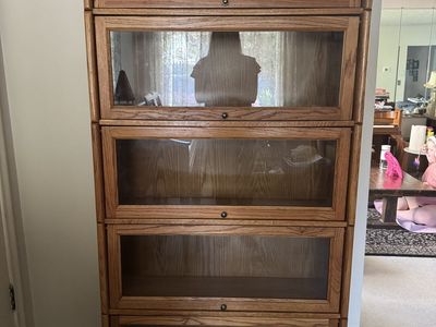 Oak Stacking Barrister Bookcase with Leaded Glass Top & 4 Lower Glass Door Sections