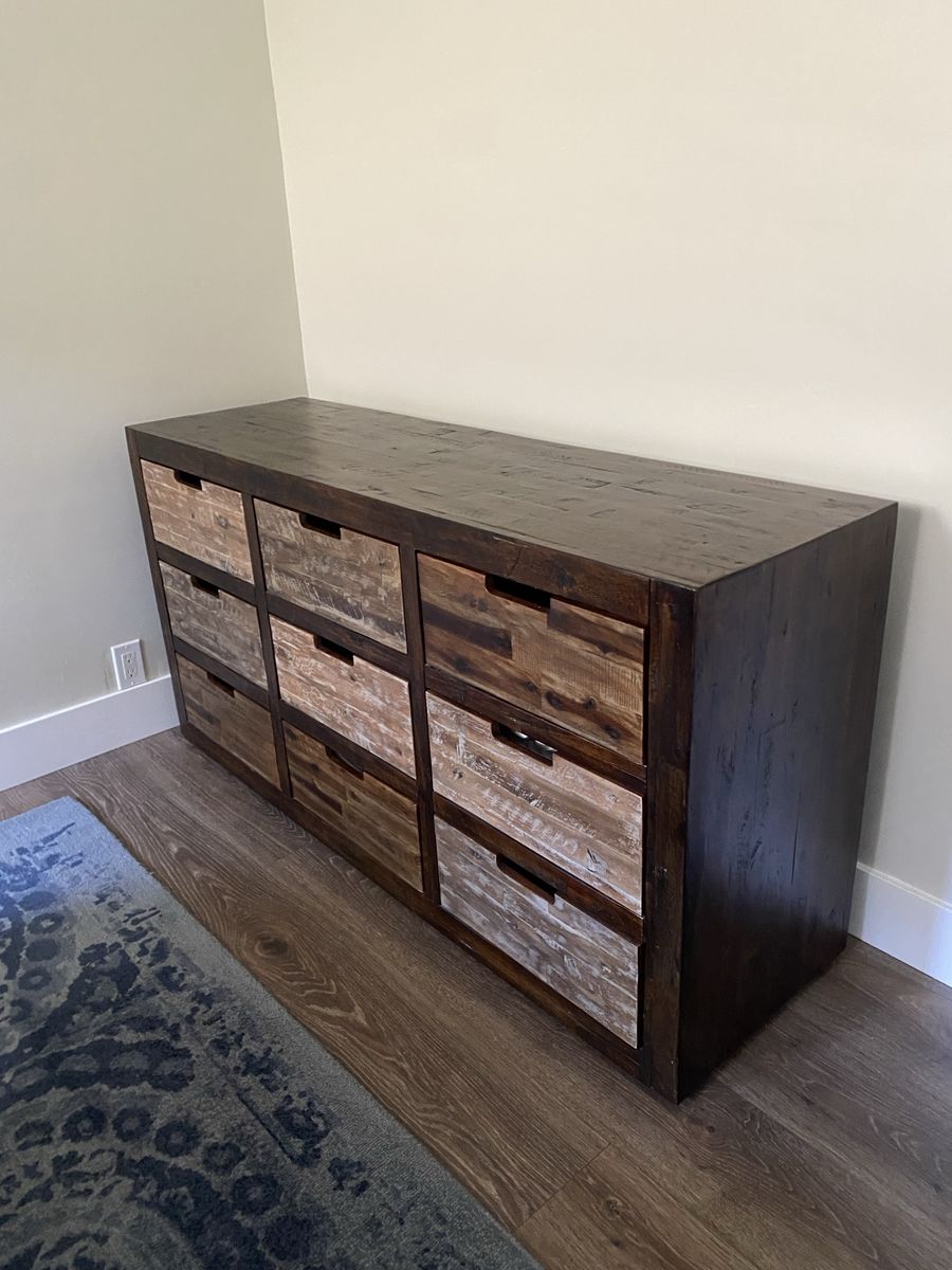60” Rustic Wood 9-Drawer Dresser - Dark Frame with Multi-Tone Wood Drawers