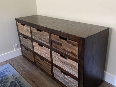 60” Rustic Wood 9-Drawer Dresser - Dark Frame with Multi-Tone Wood Drawers