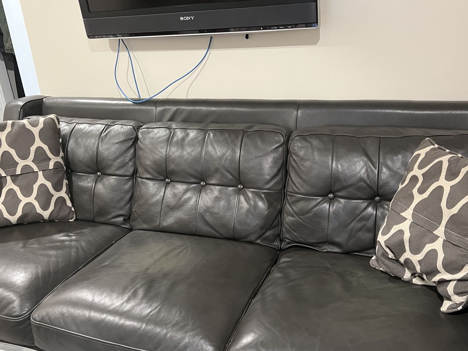 Two Cozy Gray Leather Loveseat Sofa