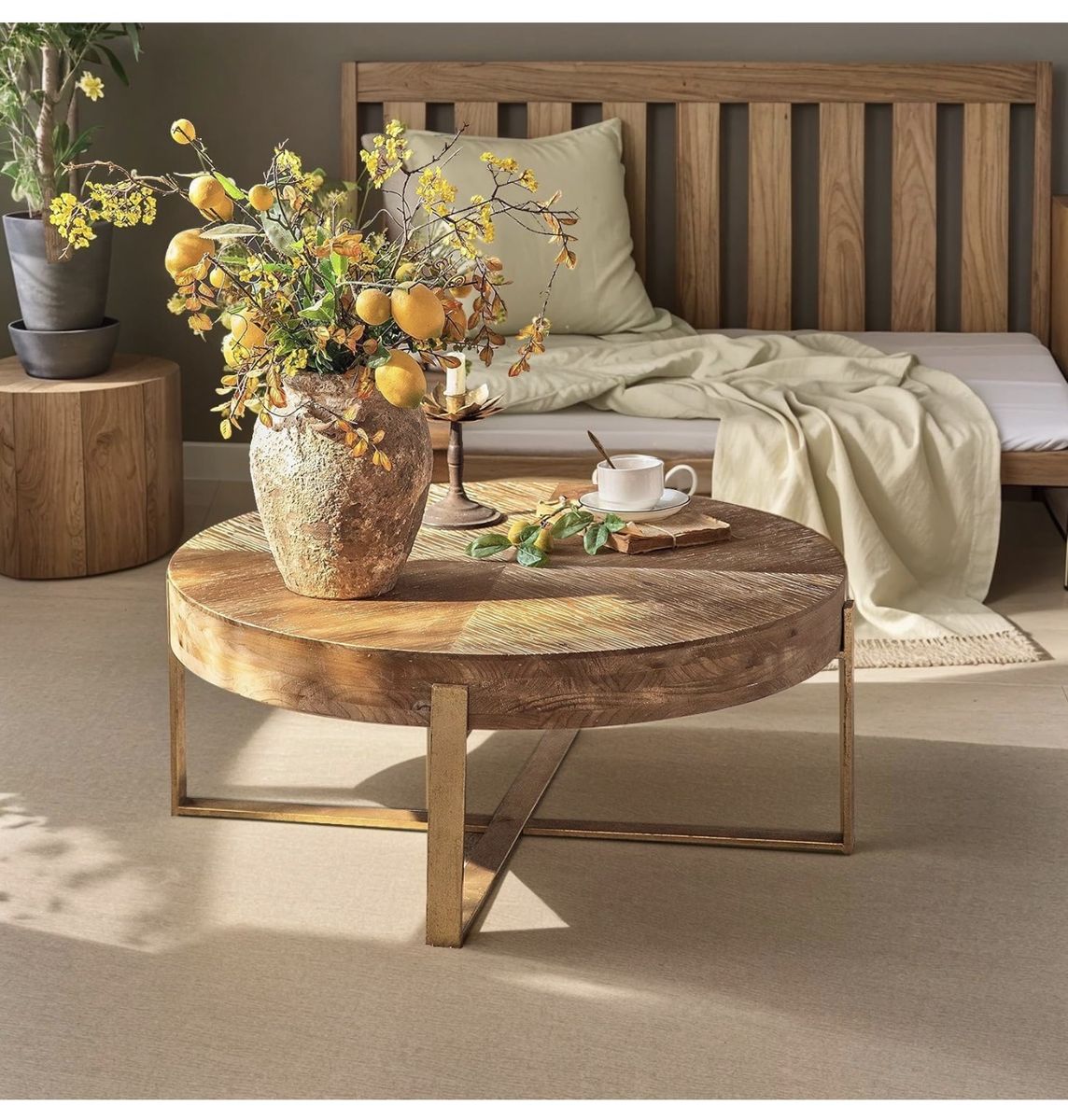 Round Wood Coffee Table with Cross Legs, 32" Farmhouse Rustic Circle Table for Living Room