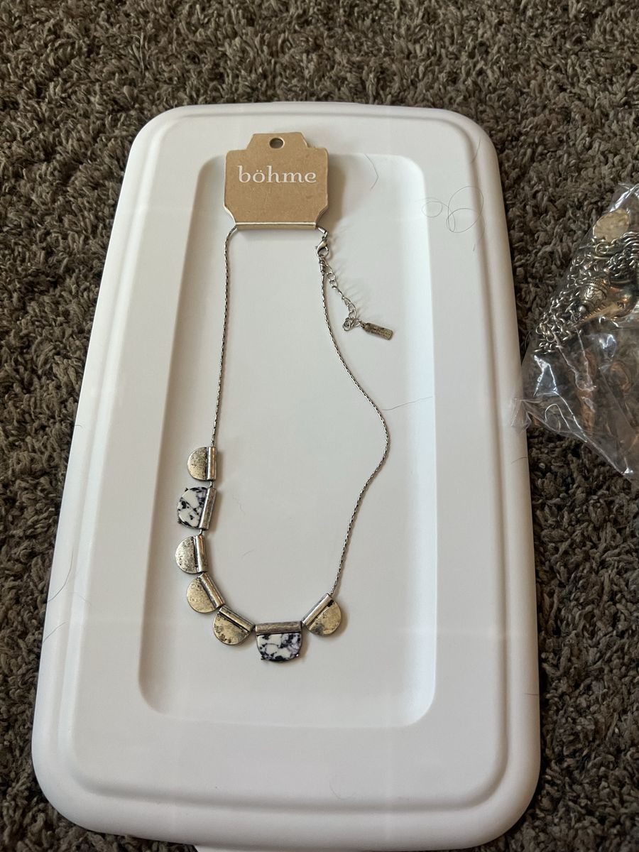 Bohme Half Circle Stone Pendant Necklace, Adjustable Silver Tone Chain