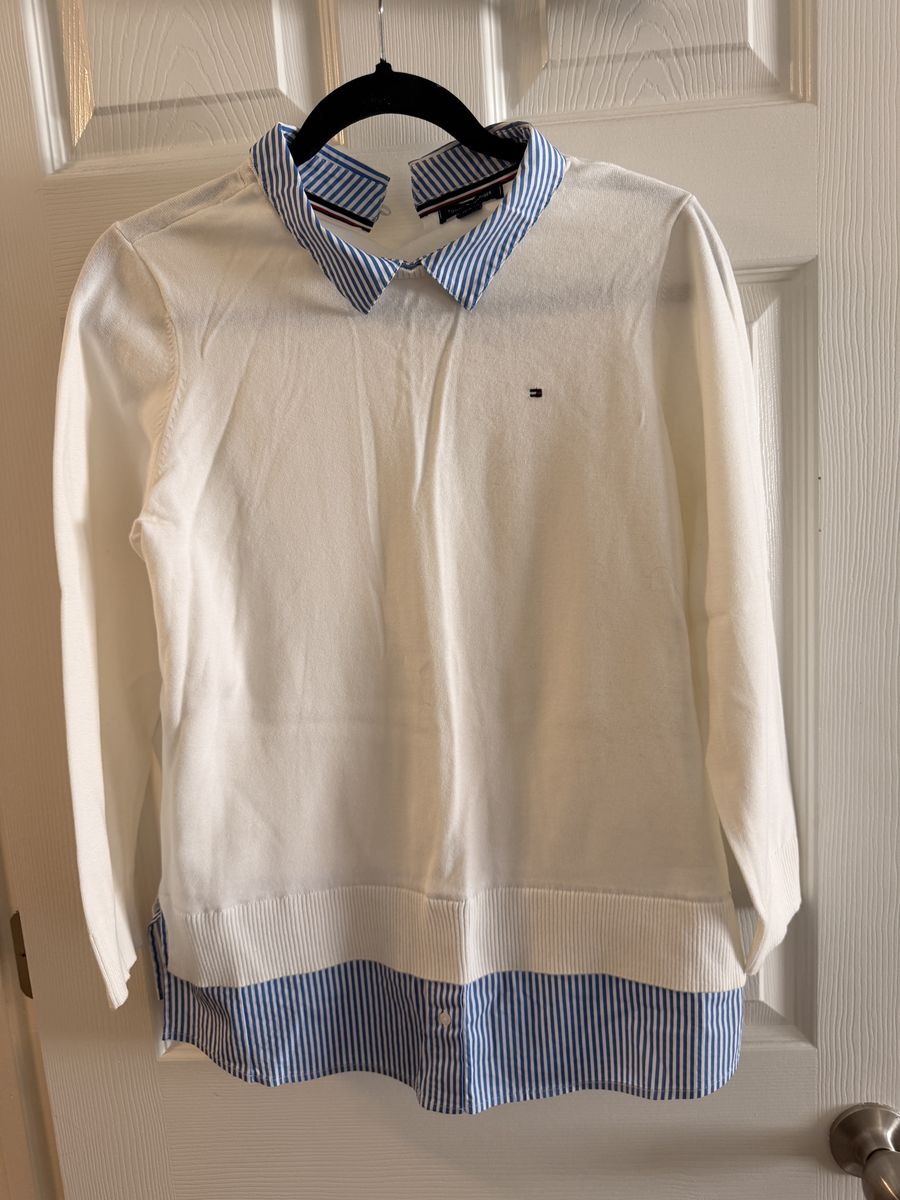 Tommy Hilfiger Women's Size M White 2-in-1 Layered Sweater Striped Collared Shirt