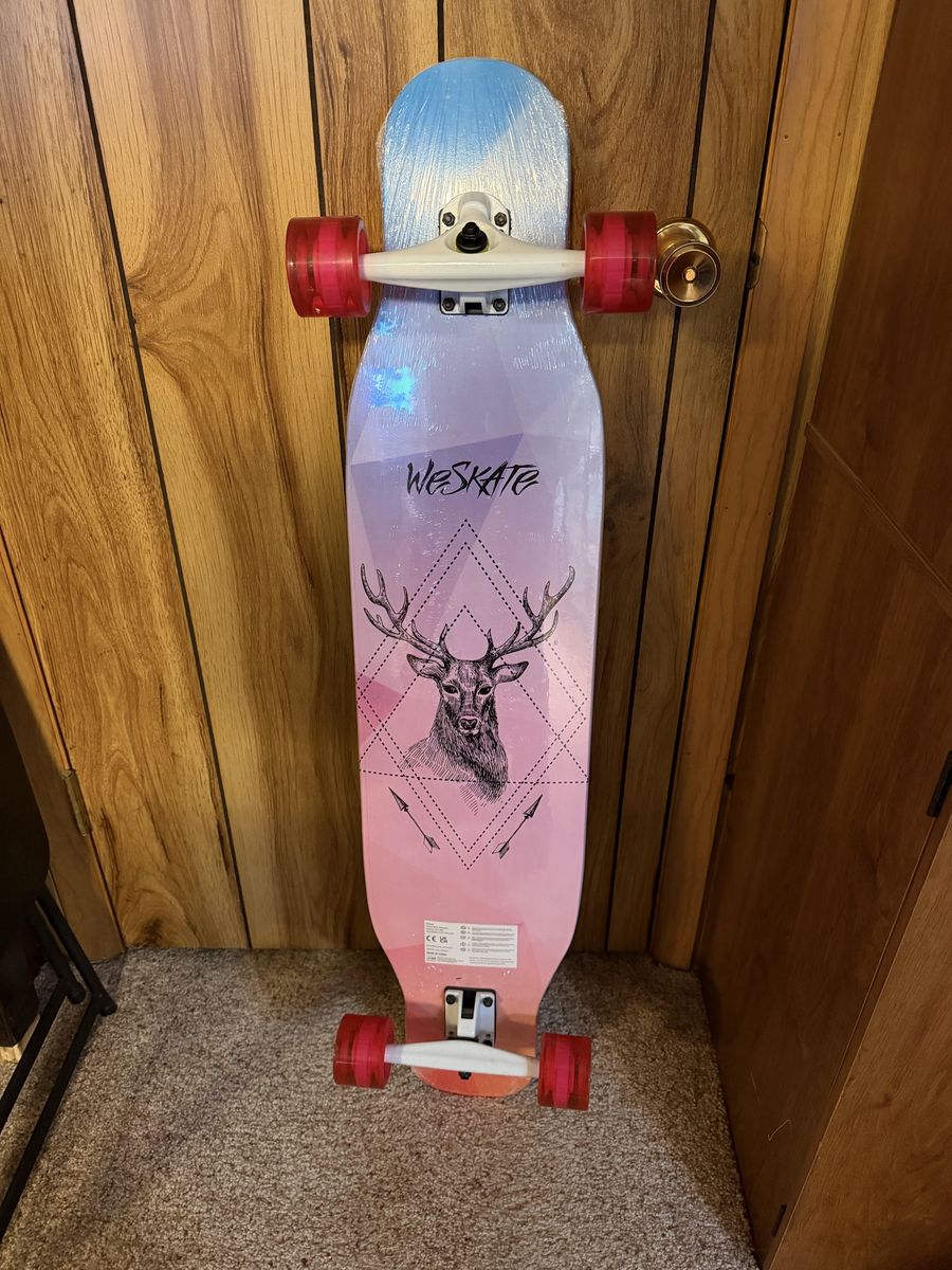 WeSkate Drop Through Longboard Skateboard with Deer Graphic & Translucent Red Wheels