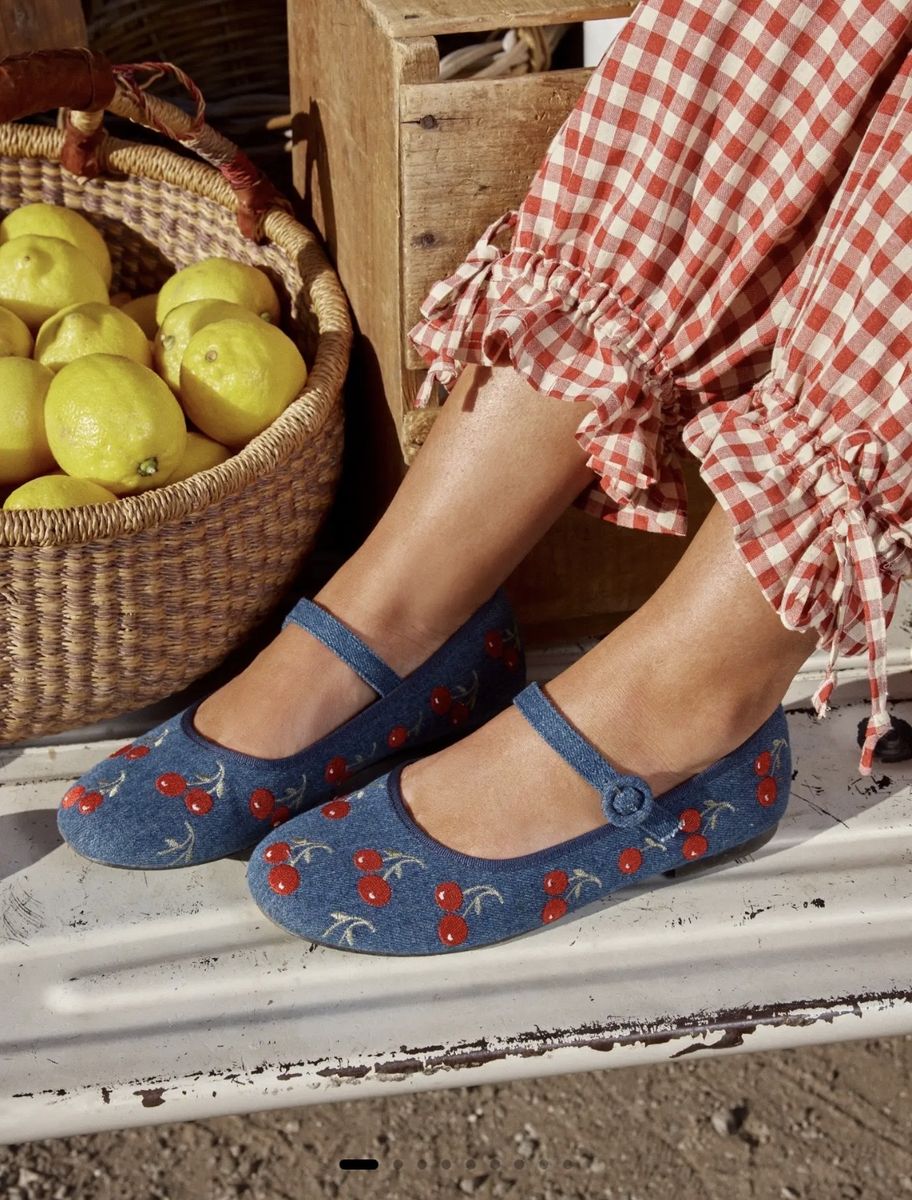 Cider Size 7 Cherry Embroidered Denim Mary Jane Flats - Adjustable Strap, Like New