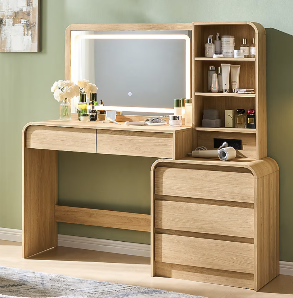 NEW  Modern Makeup Vanity Table with 35.4-in LED Mirror Charging Station and Adjustable Shelves