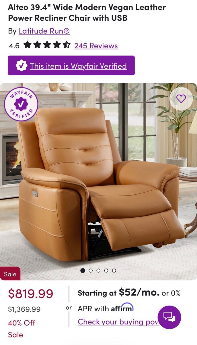 New 39.4” Wide Modern Leather Power Recliner Chair With USB