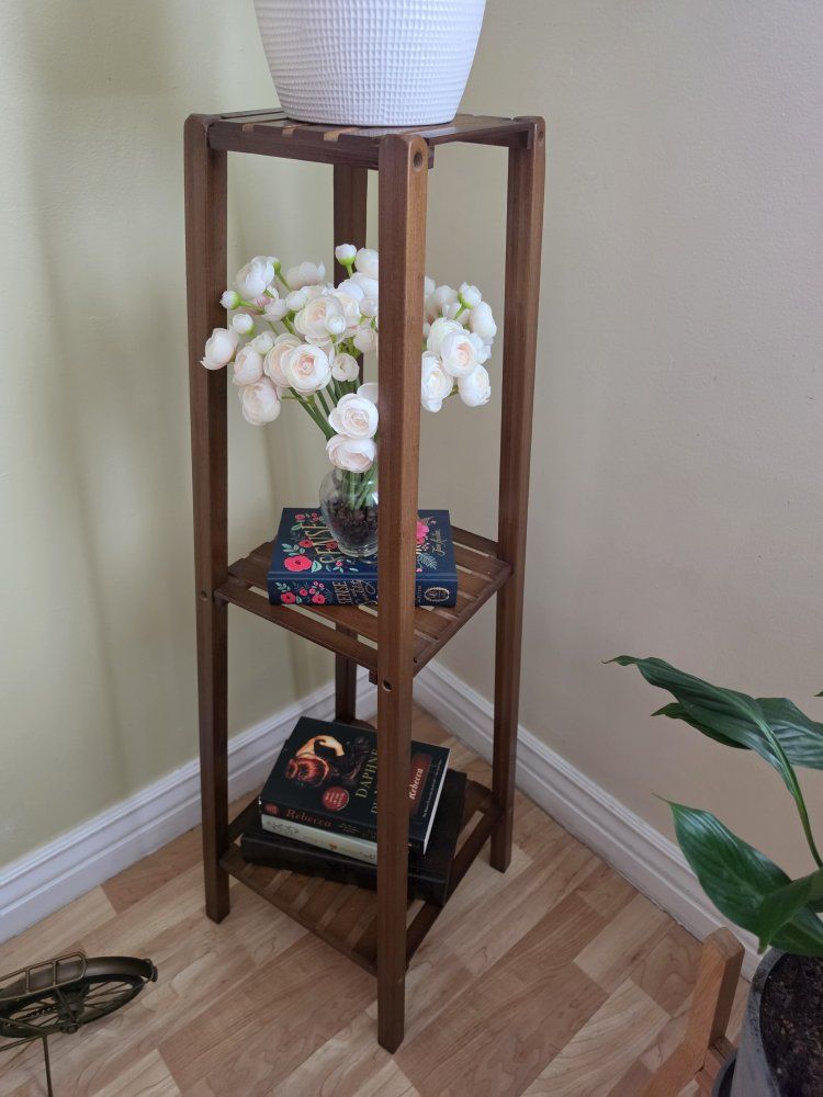 Medium Dark Wood 3-Tier Corner Plant Stand or Bookshelf 39" tall, top tier 11" wide, bottom tier 17" wide