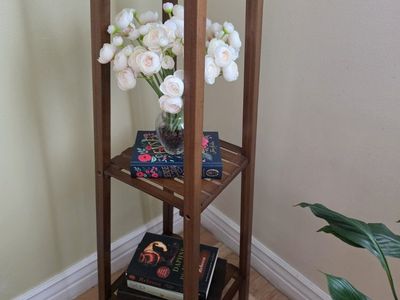 Medium Dark Wood 3-Tier Corner Plant Stand or Bookshelf 39" tall, top tier 11" wide, bottom tier 17" wide