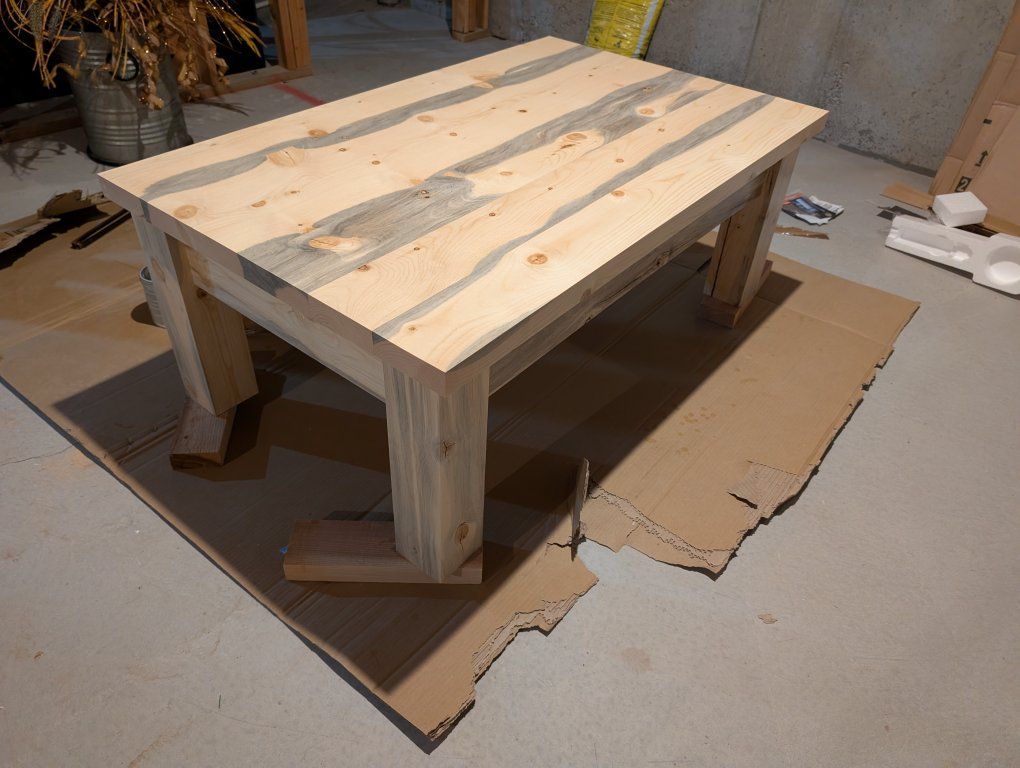 Handmade Wood Coffee Table with Blue Stain Pine Top, Natural Finish, Farmhouse Style