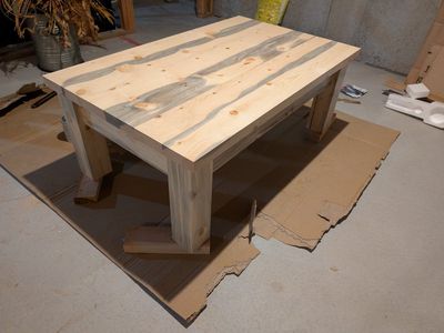 Handmade Wood Coffee Table with Blue Stain Pine Top, Natural Finish, Farmhouse Style