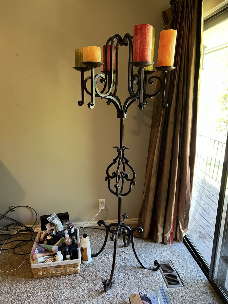 Wrought Iron Floor Candelabra - Ornate Black Metal, 72”
