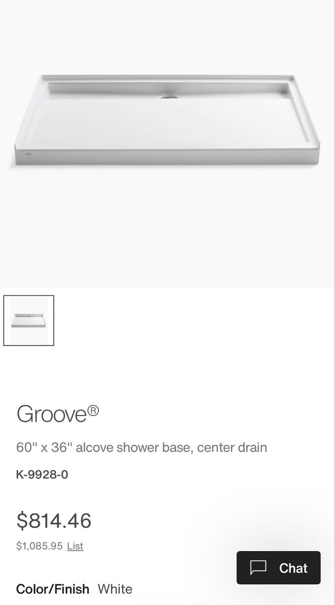 Kohler Groove 60" x 36" Alcove Shower Base Center Drain White K-9928-0