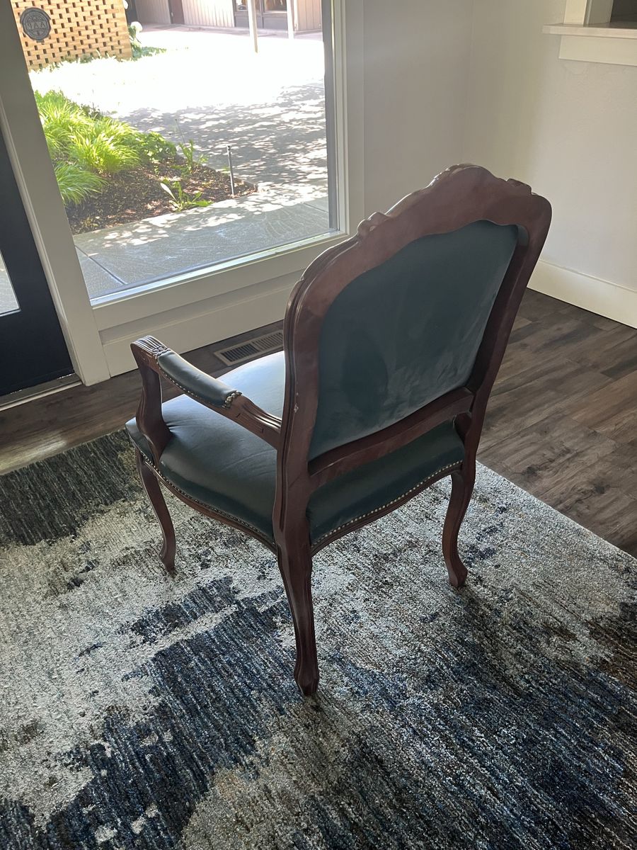 Vintage French Provincial Armchair - Carved Wood Frame, Green Leather Upholstery, Nailhead Trim