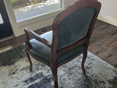 Vintage French Provincial Armchair - Carved Wood Frame, Green Leather Upholstery, Nailhead Trim