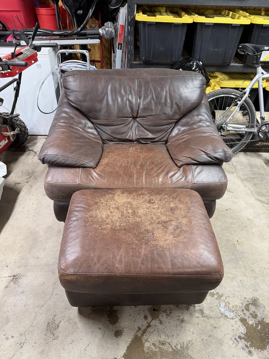 Brown Leather Armchair with Matching Ottoman