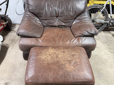 Brown Leather Armchair with Matching Ottoman