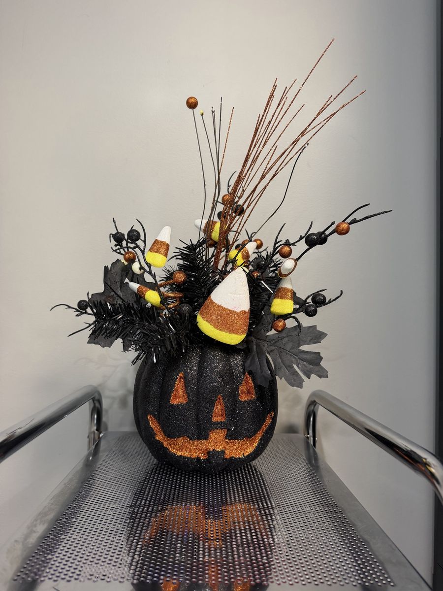 Halloween Glitter Black Jack-O'-Lantern Tabletop Centerpiece with Candy Corn Accents