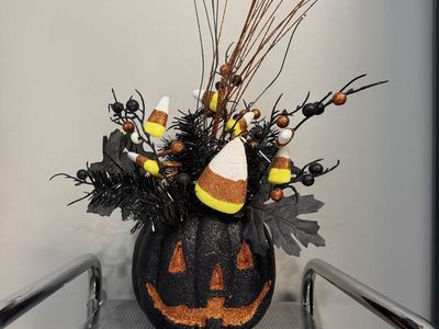 Halloween Glitter Black Jack-O'-Lantern Tabletop Centerpiece with Candy Corn Accents