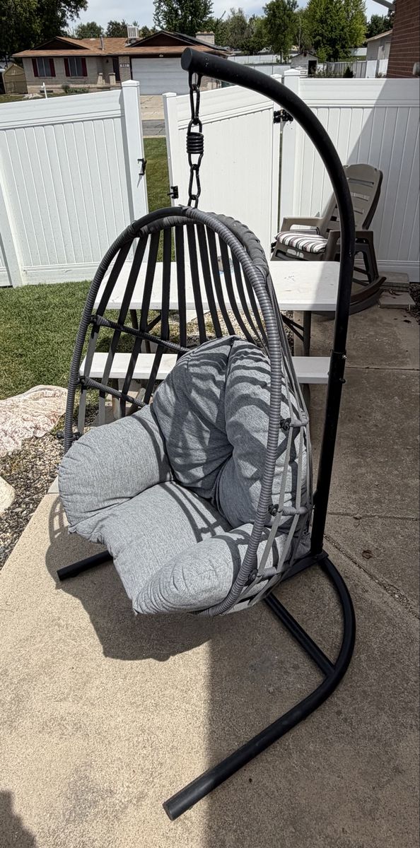 Outdoor Hanging Egg Chair with Stand and Grey Cushions - Patio Swing Chair