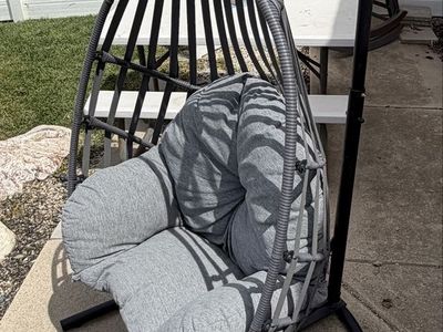 Outdoor Hanging Egg Chair with Stand and Grey Cushions - Patio Swing Chair