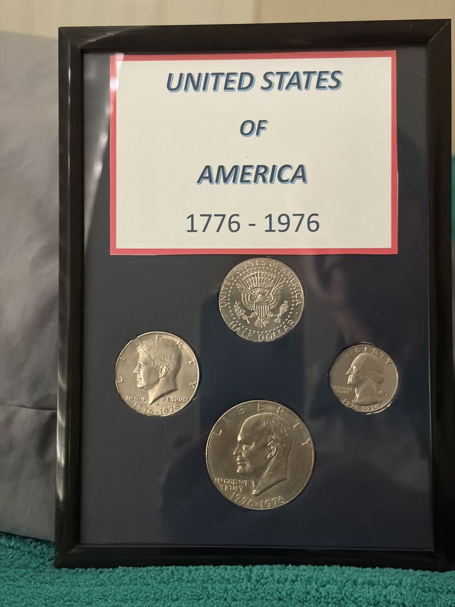 United States of America 1776-1976 Bicentennial Coin Set - Framed Kennedy Half Dollar, Eisenhower Dollar, Quarter
