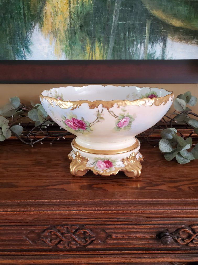 Large Antique T&V Limoges Hand Painted French Porcelain Punch Bowl with Matching Stand