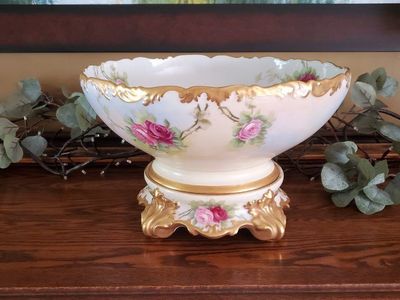 Large Antique T&V Limoges Hand Painted French Porcelain Punch Bowl with Matching Stand