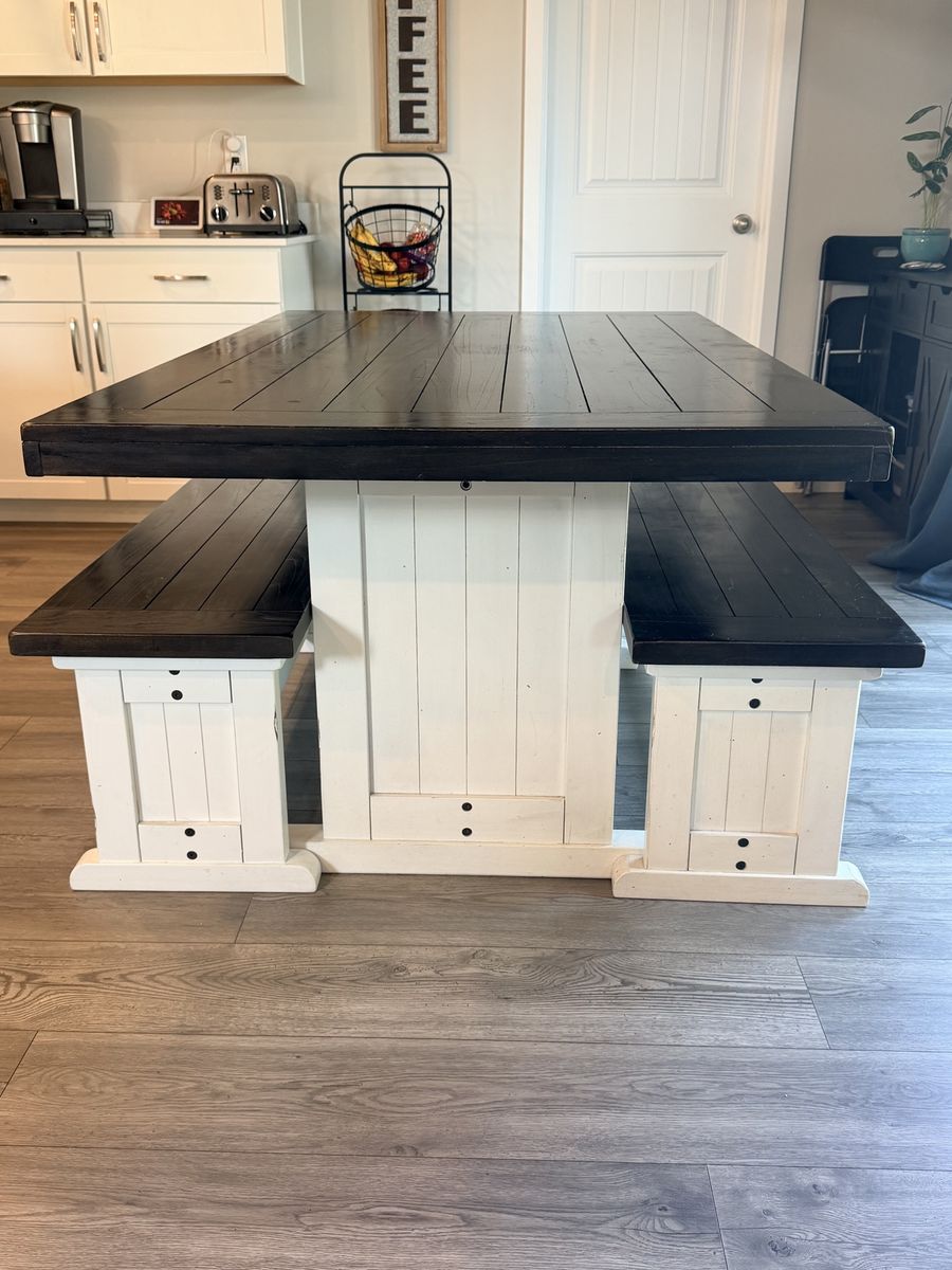 Rustic Farmhouse Dining Table Set with Two Matching Benches - Two-Tone Dark Stain and Off-White