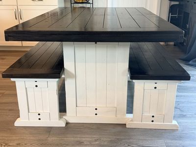 Rustic Farmhouse Dining Table Set with Two Matching Benches - Two-Tone Dark Stain and Off-White
