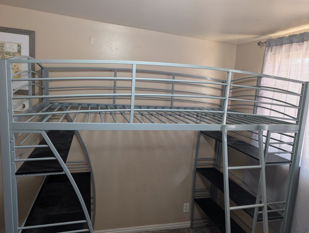 Full Size Metal Loft Bed Frame with Integrated Desk and Shelves - Space Saving Design