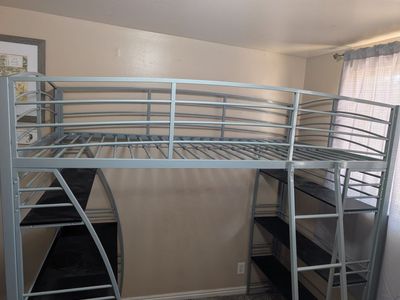 Full Size Metal Loft Bed Frame with Integrated Desk and Shelves - Space Saving Design