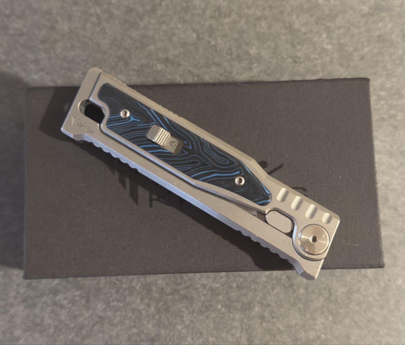 Reate EXO-M Elmax Drop Point Titanium Blue Topo Inlay w/ Box $170 OBO
