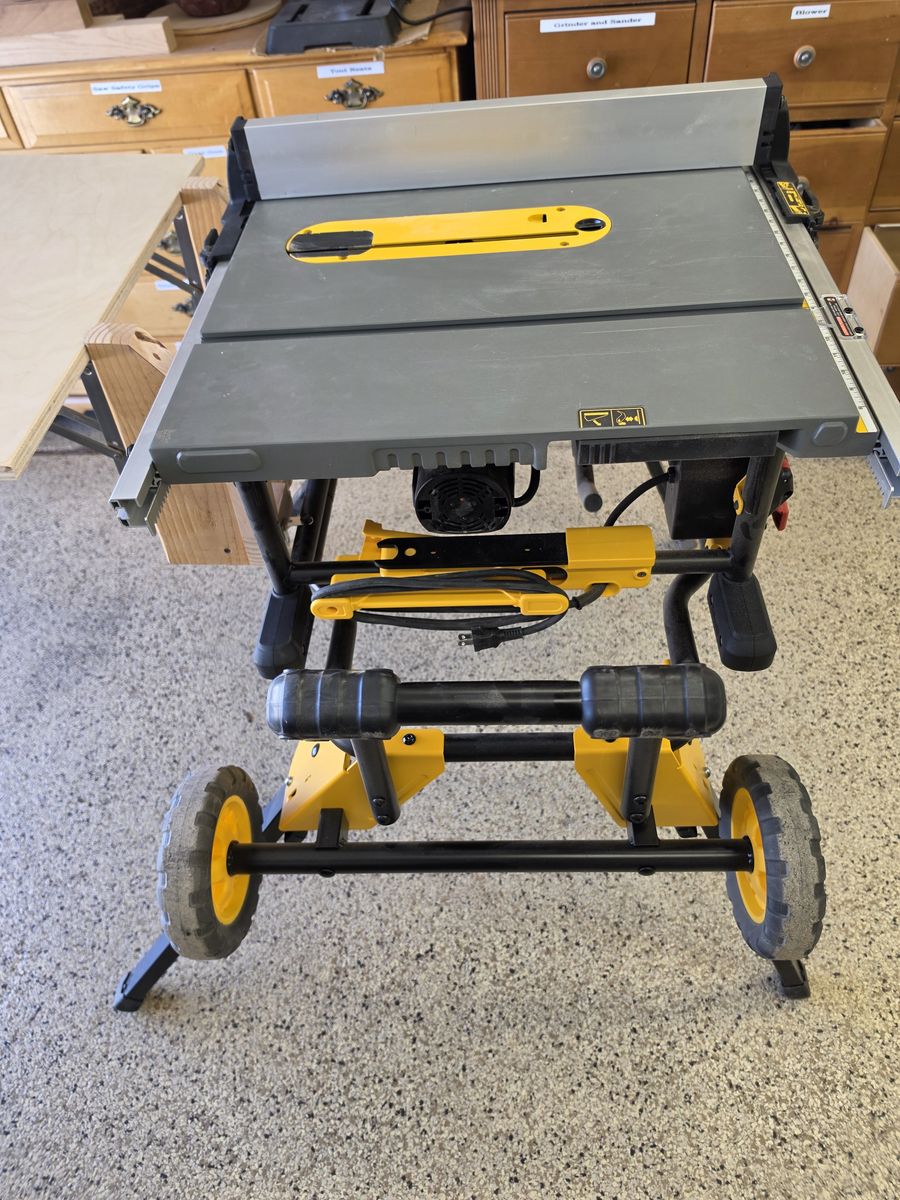 Dewalt Table Saw with Rolling Stand and Outfeed Table