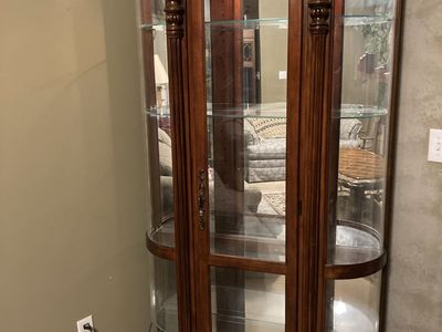 Pulaski Empire Style Cherry Wood Large Bowed Glass Curio Display Cabinet With interior lighting