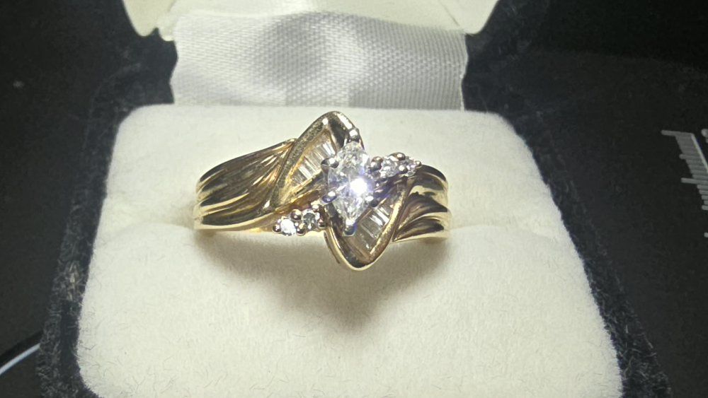 Vintage Yellow Gold Marquise and Baguette Diamond Bypass Ring
