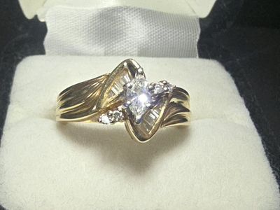 Vintage Yellow Gold Marquise and Baguette Diamond Bypass Ring