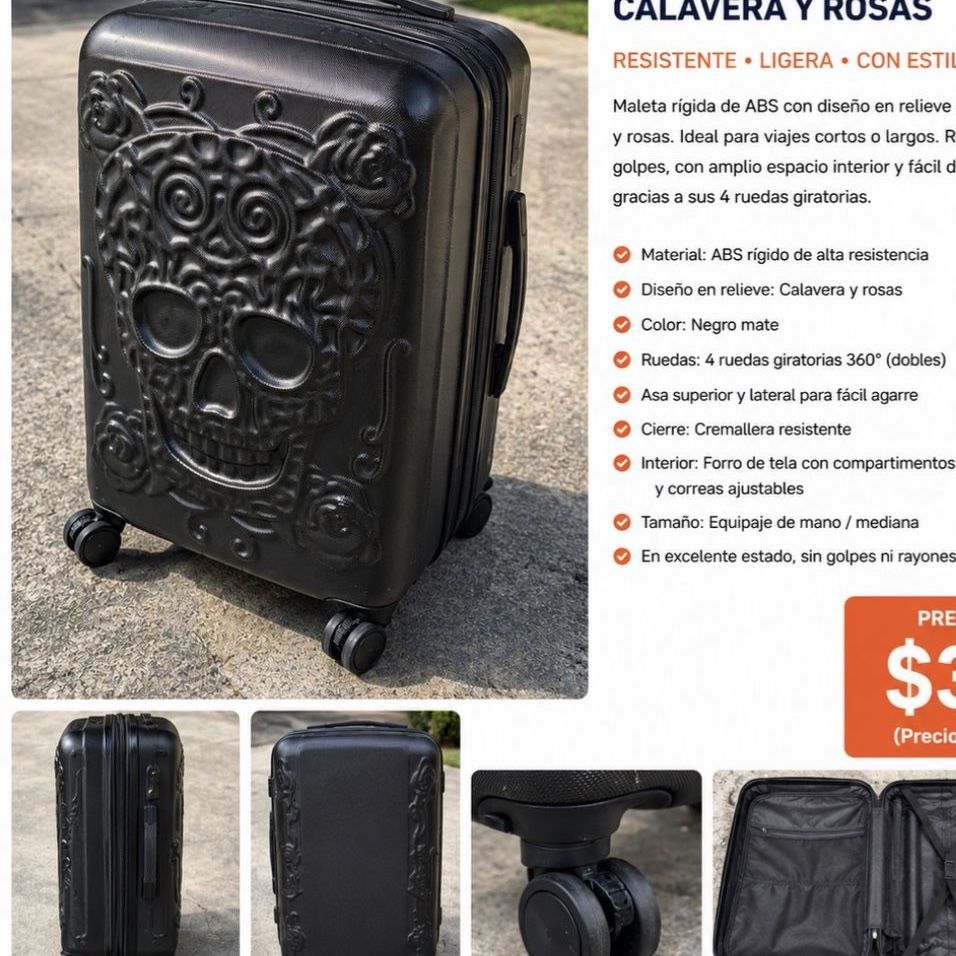 Hard Shell Carry-On Suitcase with Skull & Roses Design - 360 Spinner Wheels