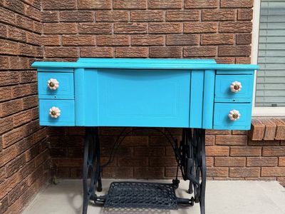Vintage Treadle Sewing Machine Table | Cast Iron Base | Farmhouse | Turquoise