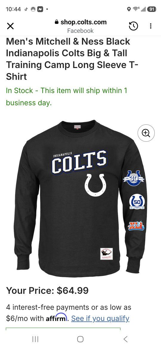 Men's Mitchell & Ness Black Indianapolis Colts Big & Tall Training Camp Long Sleeve T-Shirt 2XL new with tags