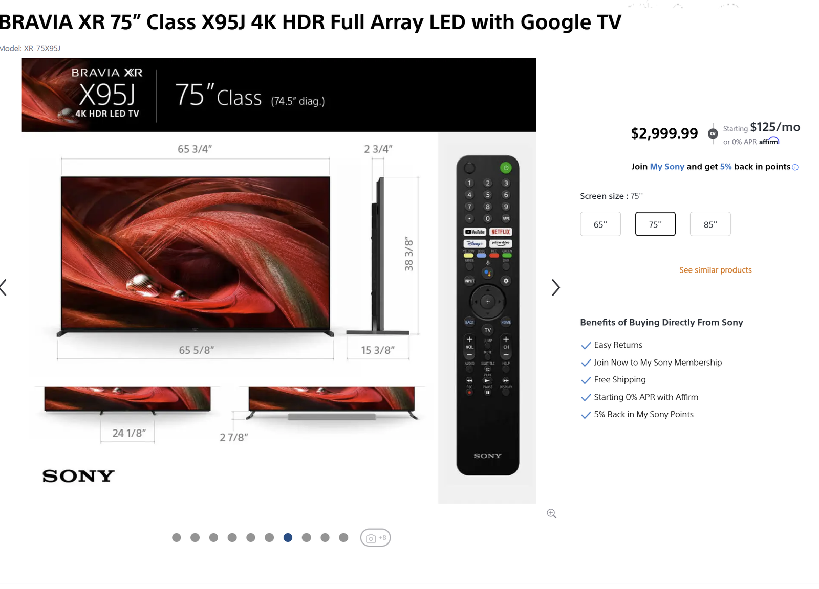 Sony BRAVIA XR X95J 75" 4K Full Array LED Smart TV with Google TV